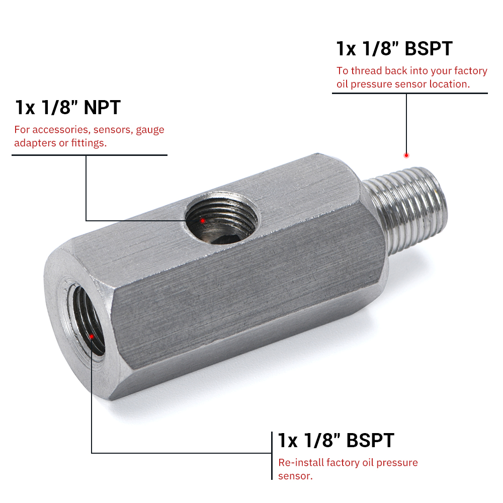 Sensor de presión de aceite BSPT de 1/8 pulgadas de acero inoxidable, adaptador en T Sendor a calibre 1/8 NPT, pieza en T, accesorios para coche VR-OGA02