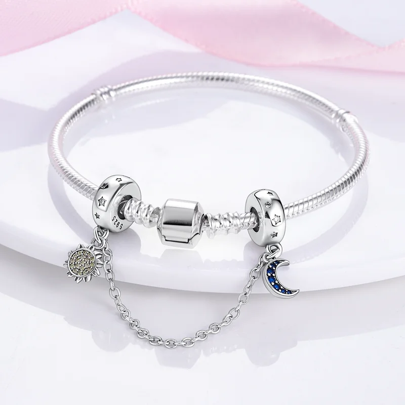 S925 Silver Plated Star Moon Safety Chain Charms Beads Fit Original Bracelet Fine DIY Birthday Jewelry