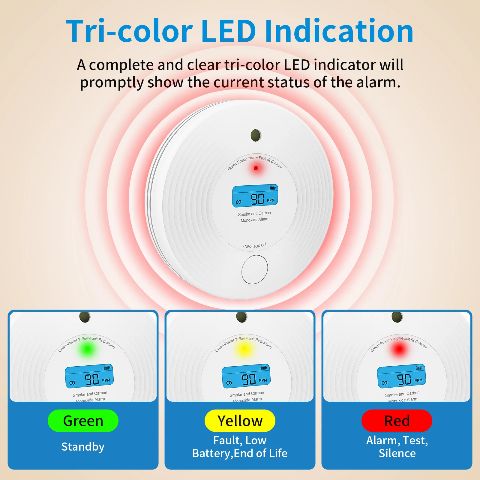 Combo Smoke Detector&Carbon Monoxide Detector 10 Year Battery, Smoke Alarm CO Detector with Large Display, Standalone