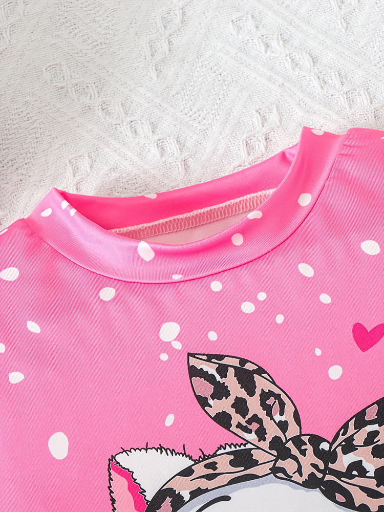 Abito per bambini con stampa gattino con fiocco per le vacanze casual a maniche corte da ragazza estiva 2 pezzi
