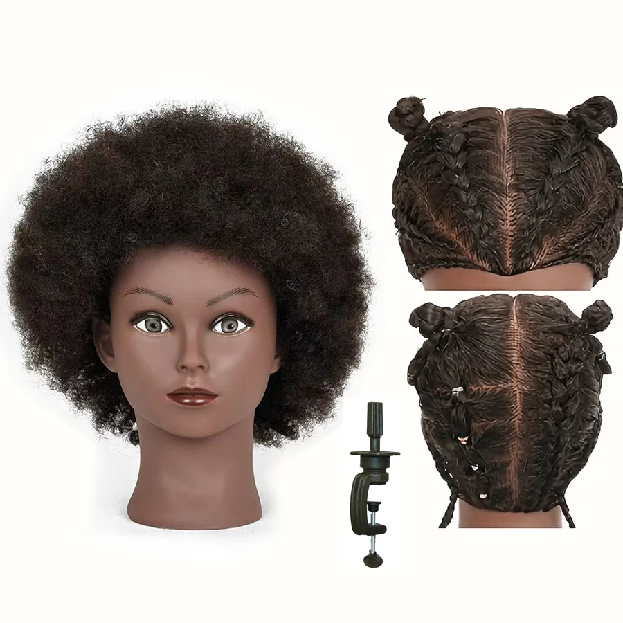 Unisex afrikanischer menschlicher Schaufensterpuppenkopf, realistisches lockiges Haar, Kosmetologie-Trainingskopf, Haarstyling-Übungsständer im Lieferumfang enthalten