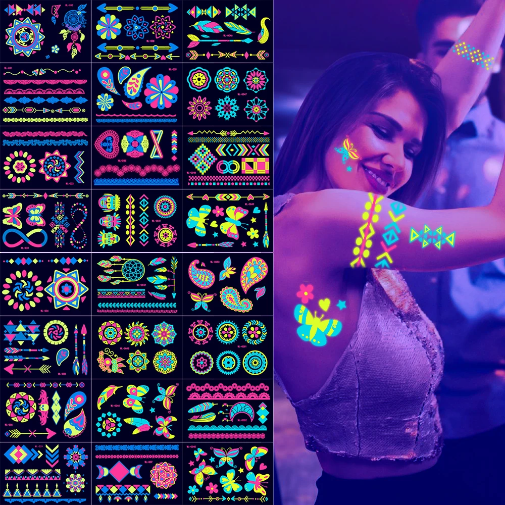 12/24 stücke Leuchtende Temporäre Tattoos Aufkleber UV Neon Fluoreszierende Glow in the Dark Für Körper Gesicht Tattoo Aufkleber Party zubehör