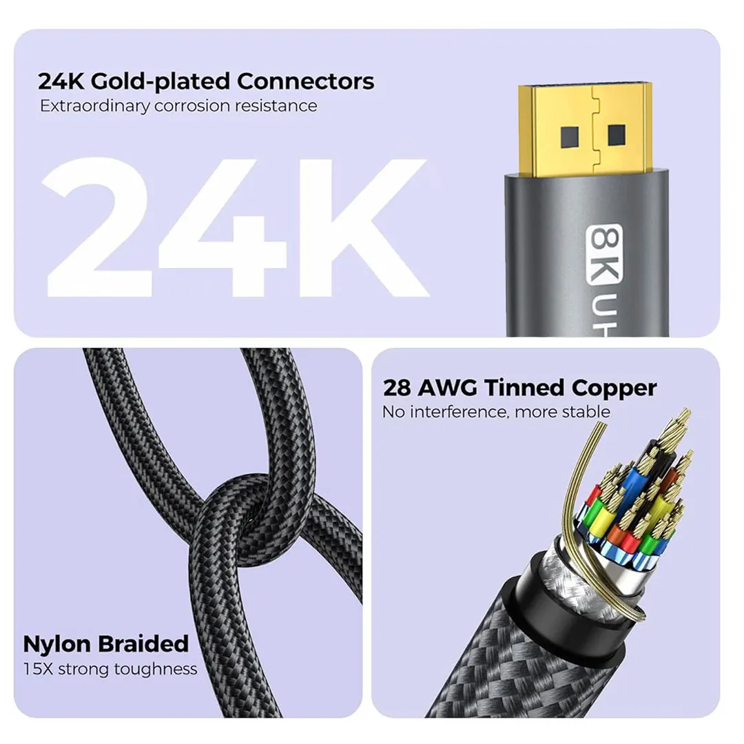 8K DP Cable DisplayPort Cable 1.4 High Speed Display Port Cord 8K@60Hz G-Sync FreeSync 4K@144Hz 2K@240Hz HDR 10 32.4Gbps