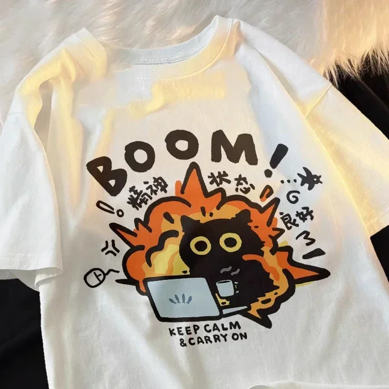 Camiseta de manga corta Kawaii Good Mental State Pure para hombres y mujeres, ropa holgada informal con dibujos animados, Top de gran tamaño Y2K