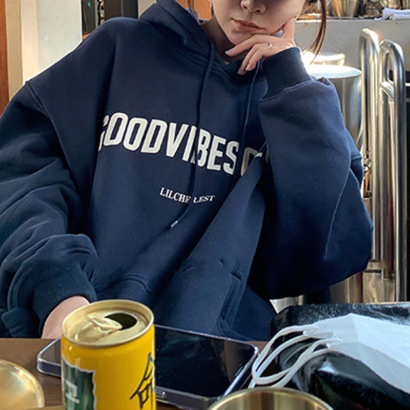 Herbst Fleece Hoodie Einfarbig Brief Mit Kapuze Koreanische Mode Sweatshirts Langarm Top Kordelzug Taschen Lose Hoodies