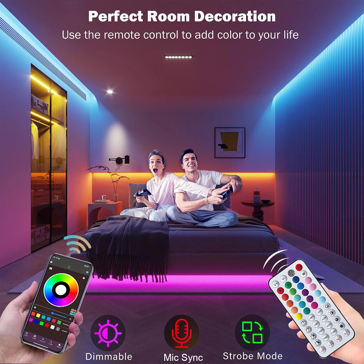 Strisce luminose a LED RGB Controllo APP Sincronizzazione musicale Luce per ambienti a LED 10m 20m 30m 40m 60m Nastro flessibile a nastro LED per l'arredamento della camera da letto di casa