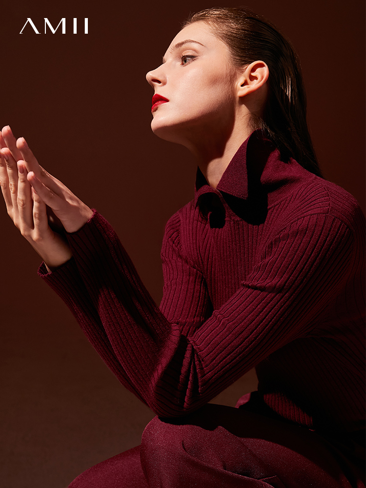 Amii ミニマリズム女性のセーターファッションポロ襟ウールプルオーバー長袖ニットトップスオフィスレディ春セーター 12130297