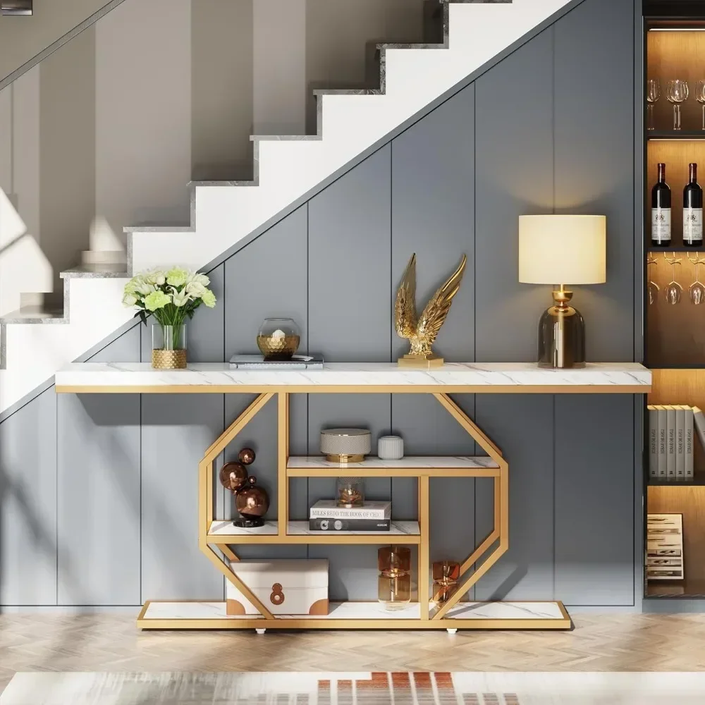 70.9 inch Extra Long Console Table,Modern Gold Sofa Table Behind Couch with Storage,4 Tier Entryway Accent Table for Living Room