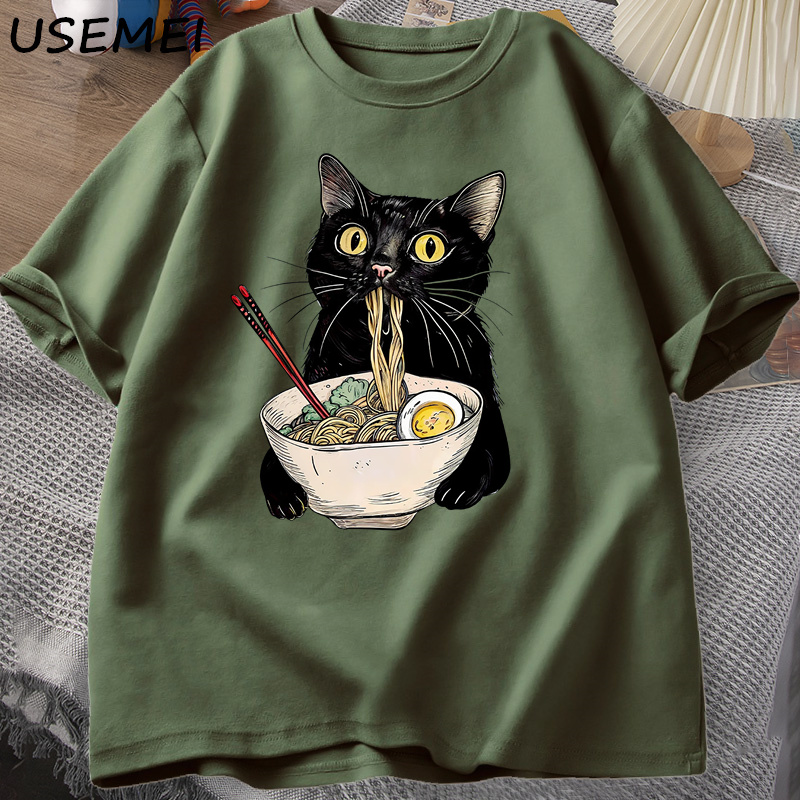Noodle Ramen Cat T-Shirt Foodie Lover T-Shirts Black Cat Noodle T-Shirts Retro Casual Short Sleeve Tshirt for Men Women Clothes