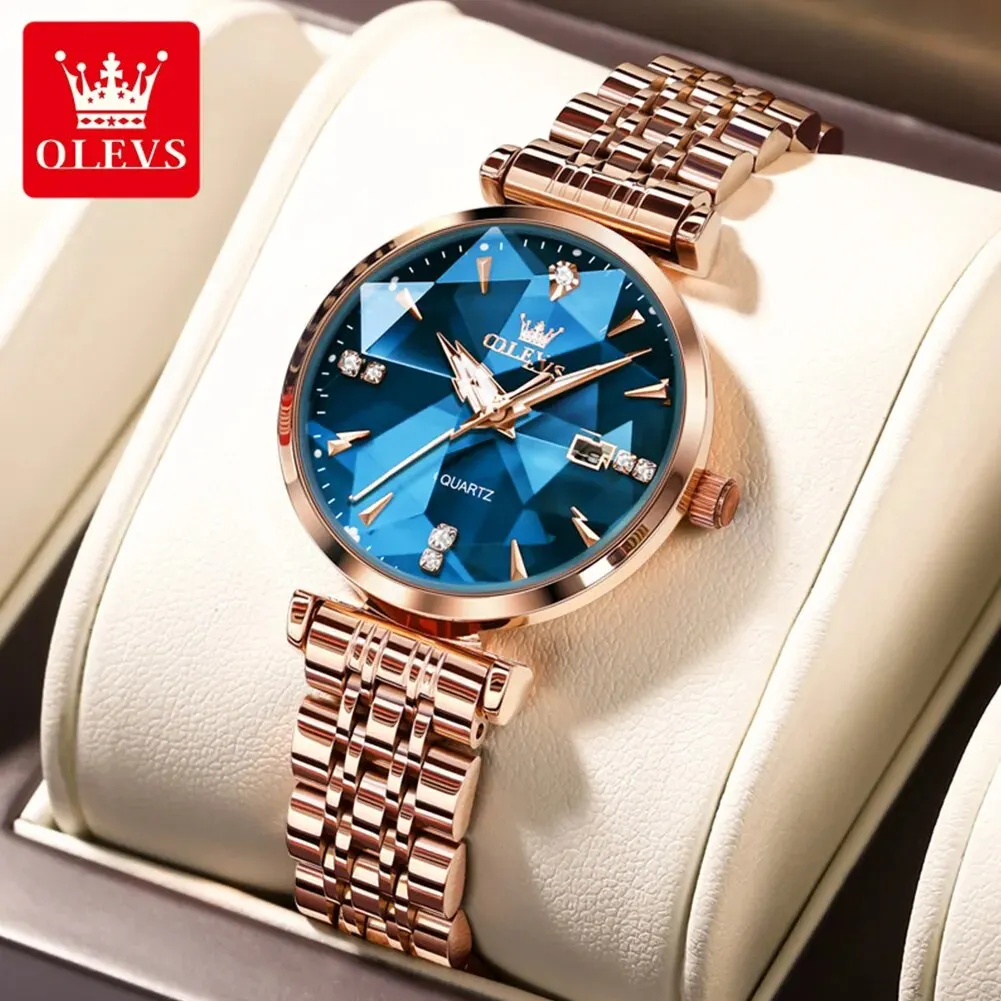 OLEVS นาฬิกาควอทซ์5536สำหรับแฟชั่นสำหรับผู้หญิงหรูหรากระจกรูปสี่เหลี่ยมขนมเปียกปูนนาฬิกาข้อมือผู้หญิงเรืองแสงสแตนเลสทองกุหลาบกันน้ำ