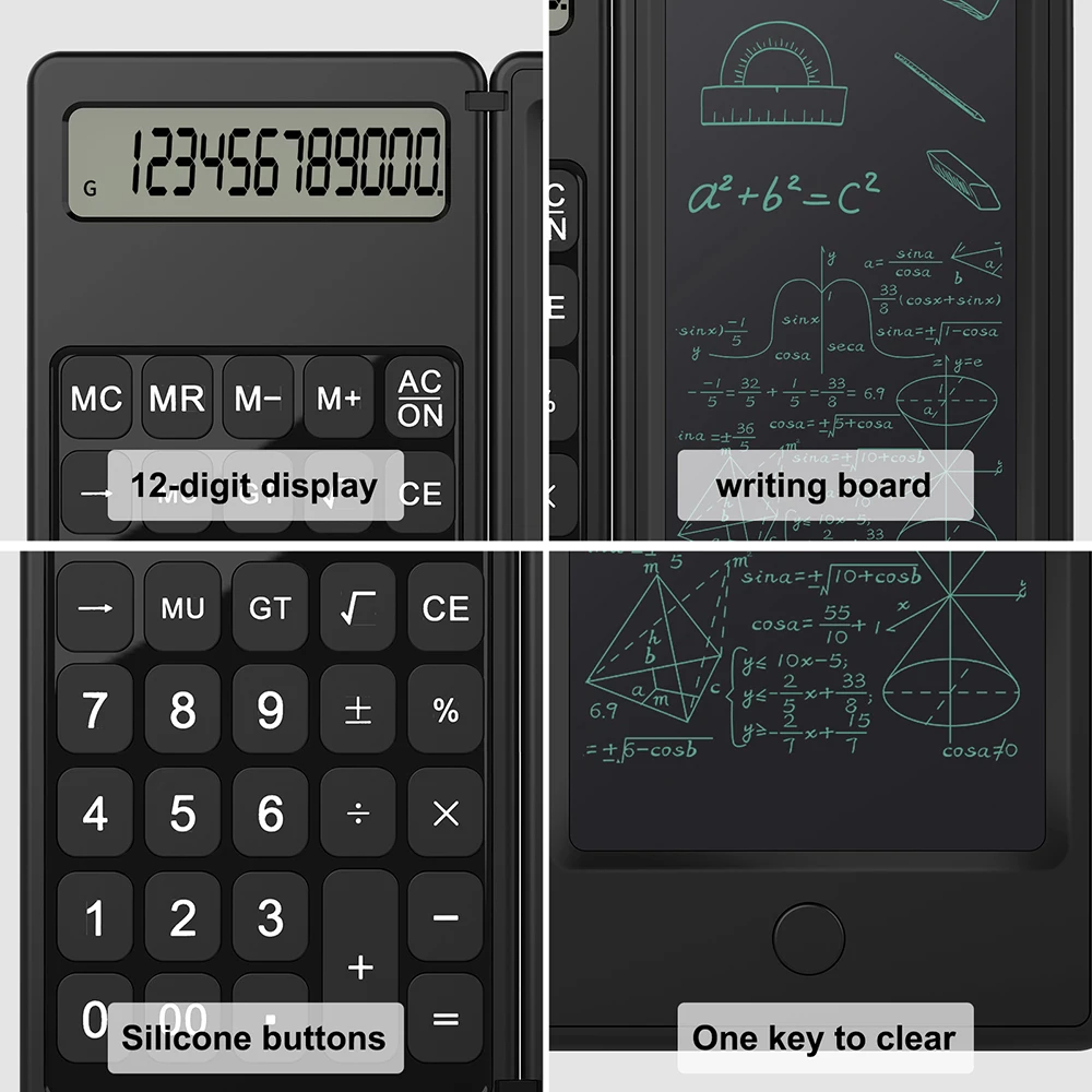 VAORLO Inteligentny kalkulator 2 w 1 i 6-calowy tablet do pisania Składany 12-cyfrowy wyświetlacz LCD dla biurowych nauczycieli studentów