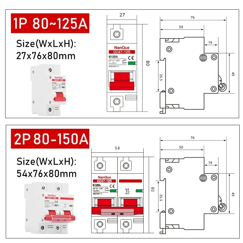 DC Động MCB 12V 24V 48V 60V 110V Bảo Vệ Ngắt Mạch Điện Tích Cực Âm Tắc Ngắn mạch 2P 10A 20A 50A 100A 125Amp