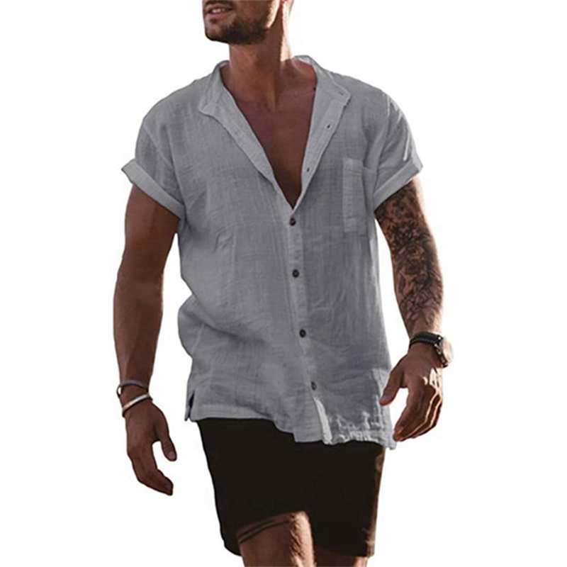 Baumwolle Leinen Heißer Verkauf männer Kurzarm Shirts Sommer Einfarbig Stehkragen Casual Strand Stil Plus Größe