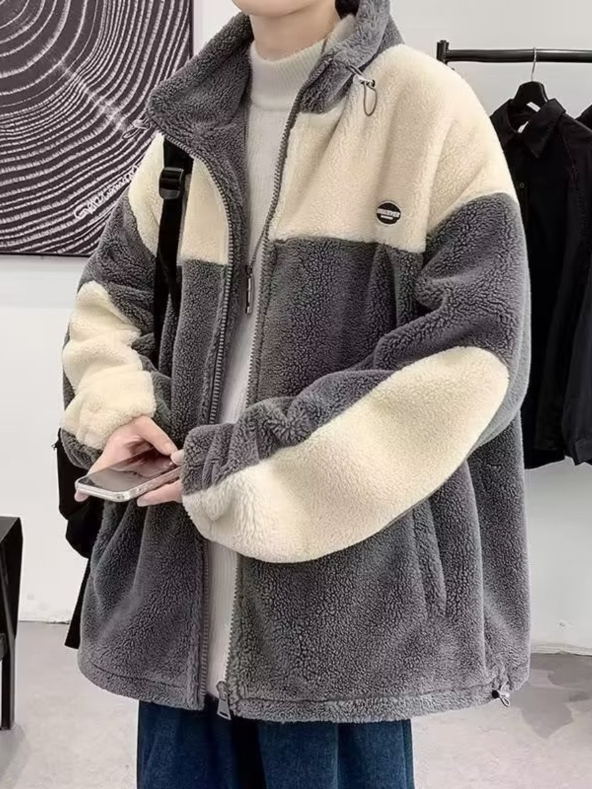 Jaqueta com Capuz de Pele de Cordeiro para Homens, Inverno, Aodão Espo, Colarinho Alto, Fechamento com Zíper, Moda Casua...