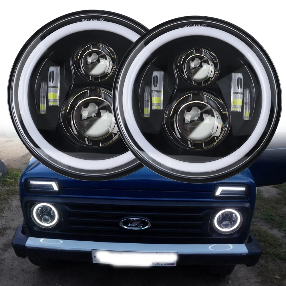 7 Polegada farol redondo halo led para jeep wrangler ilimitado jk 7 "drl ângulo olhos led projetor farol