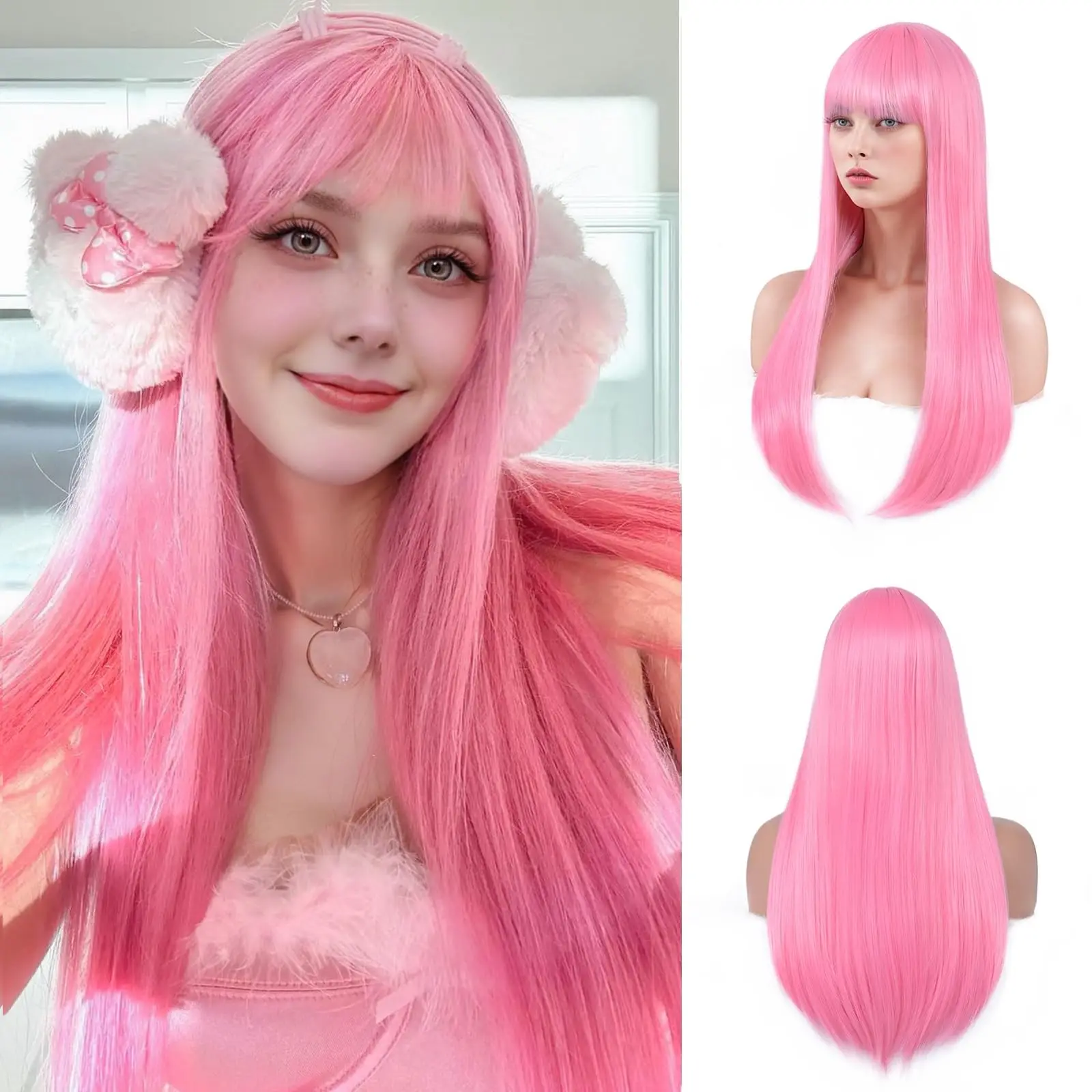 Roze lang steil haar synthetische pruik voor Halloween cosplay, pruik voor dagelijks gebruik, haaraccessoire voor hoge temperaturen
