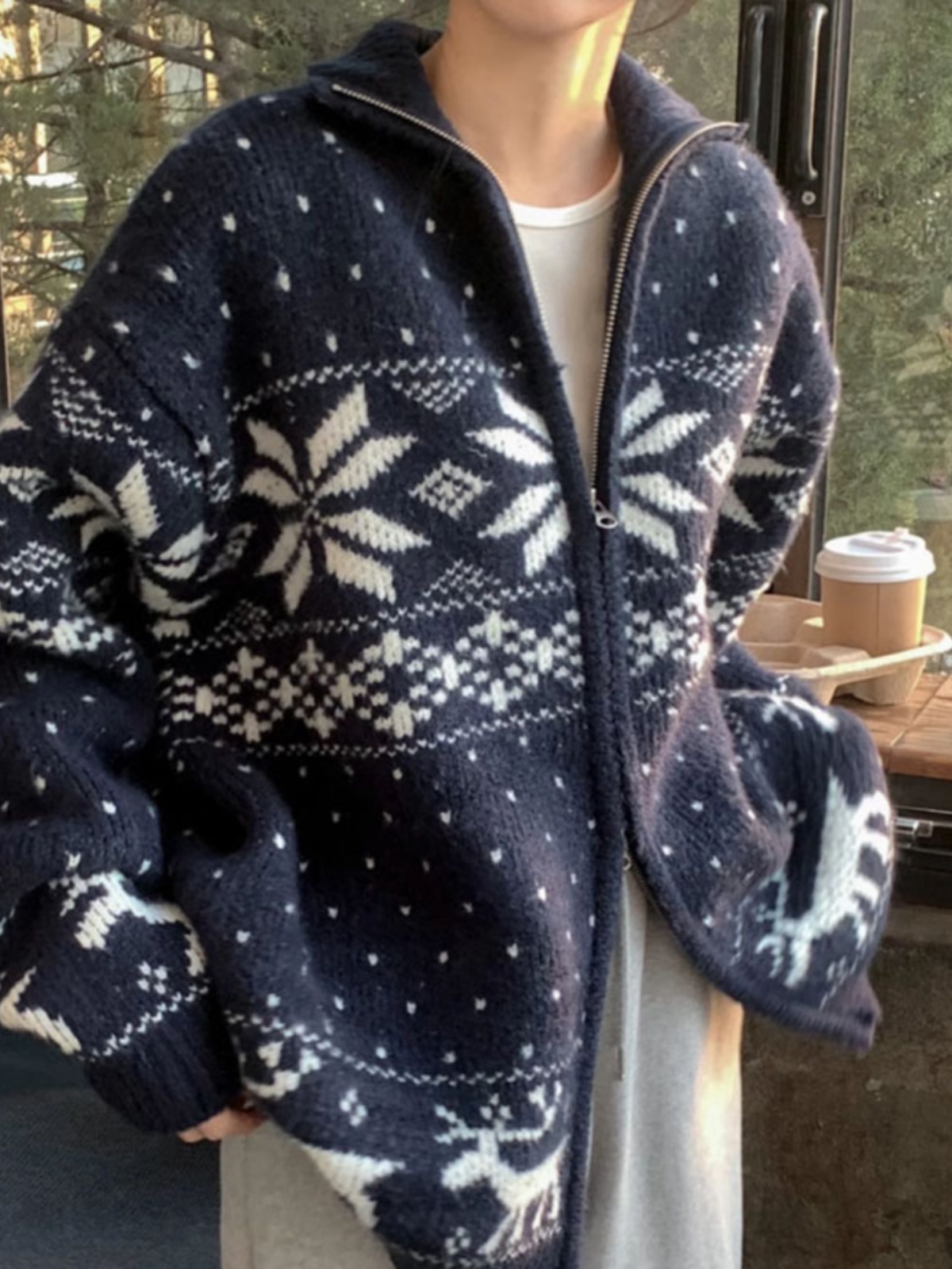 Ladies Lazy Sweater Coat Winter Spring Autumn Winter Loose Long Sleeve Zipper Knitted Cardigan Sweet Snowflake Pattern Outerwear