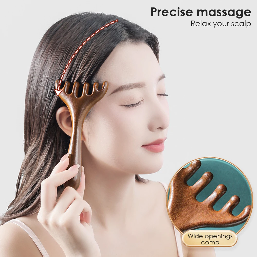 Pente de massagem meridiana com seis garras, antiestático, madeira natural, dente largo, ferramenta gua sha, scratcher, spa, promove a circulação sanguínea