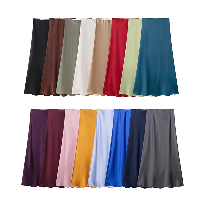 RAFZNB Faldas de satén de cintura alta para mujer, moda informal con cintura elástica, faldas por debajo de la rodilla, faldas elegantes para mujer