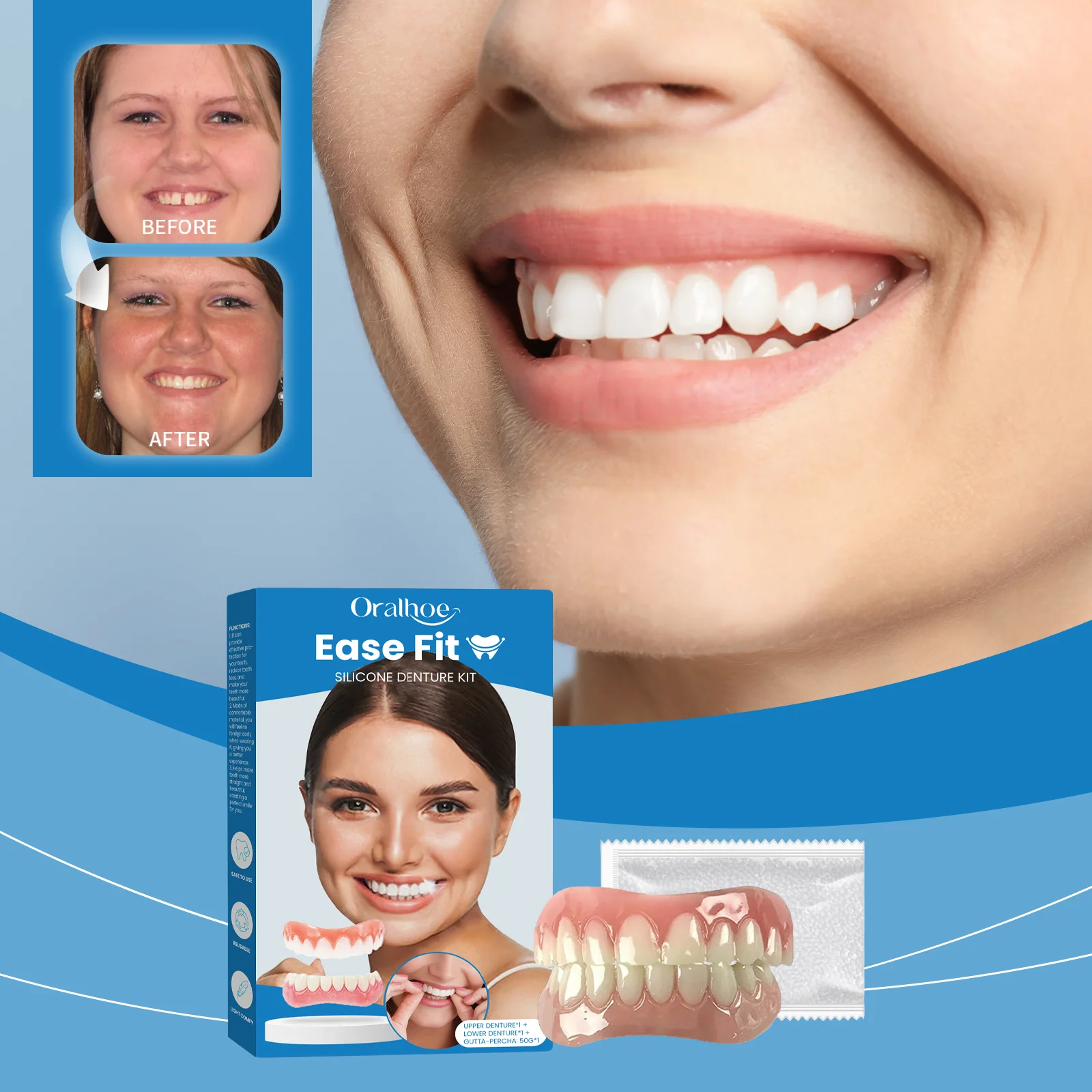 Juego completo de dentaduras postizas de silicona para prevenir la caída de las encías, reparación temporal, chapa de dientes postizos rotos, Kit de restauración de dientes sonrientes