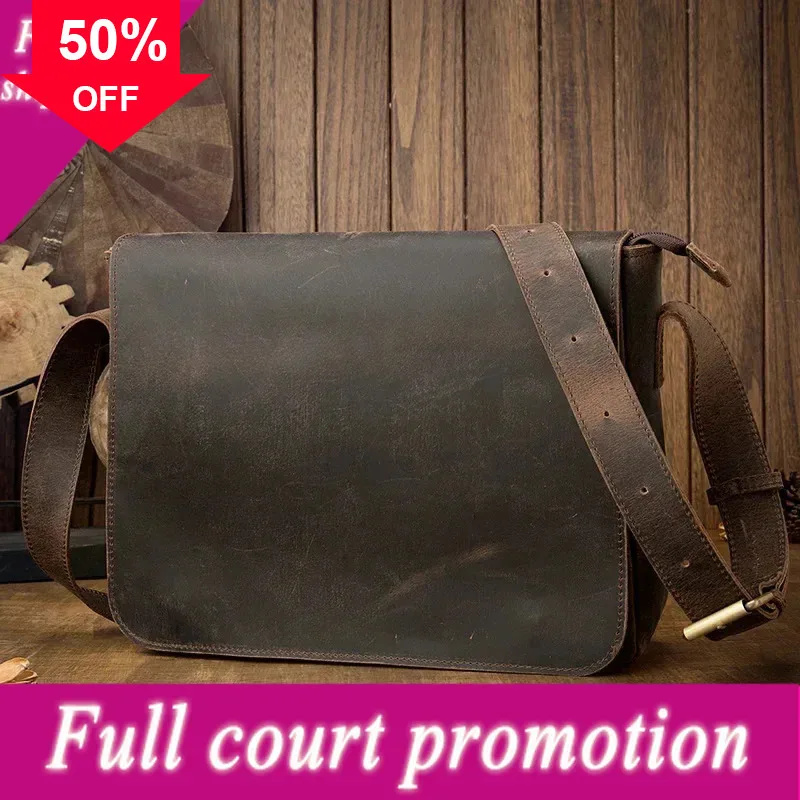 Ретро натуральная мужская кожаная сумка через плечо для бизнеса и офиса коричневый мужской портфель для ноутбука сумка-мессенджер