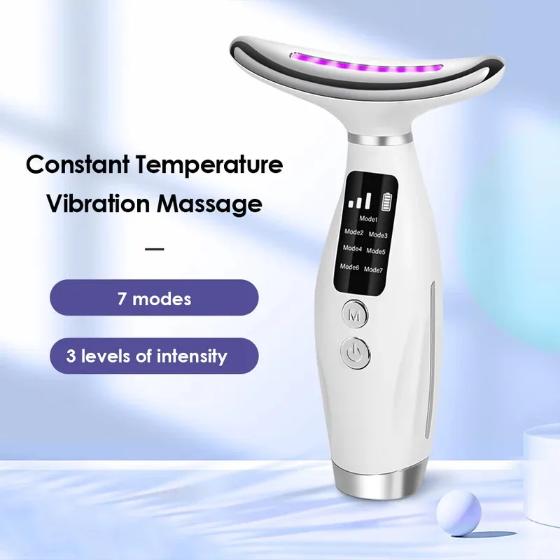 7 cores luzes led rosto pescoço dispositivo de beleza vibração massagem melhorar as linhas do pescoço uso doméstico máquina de levantamento facial 7 modos 3 níveis