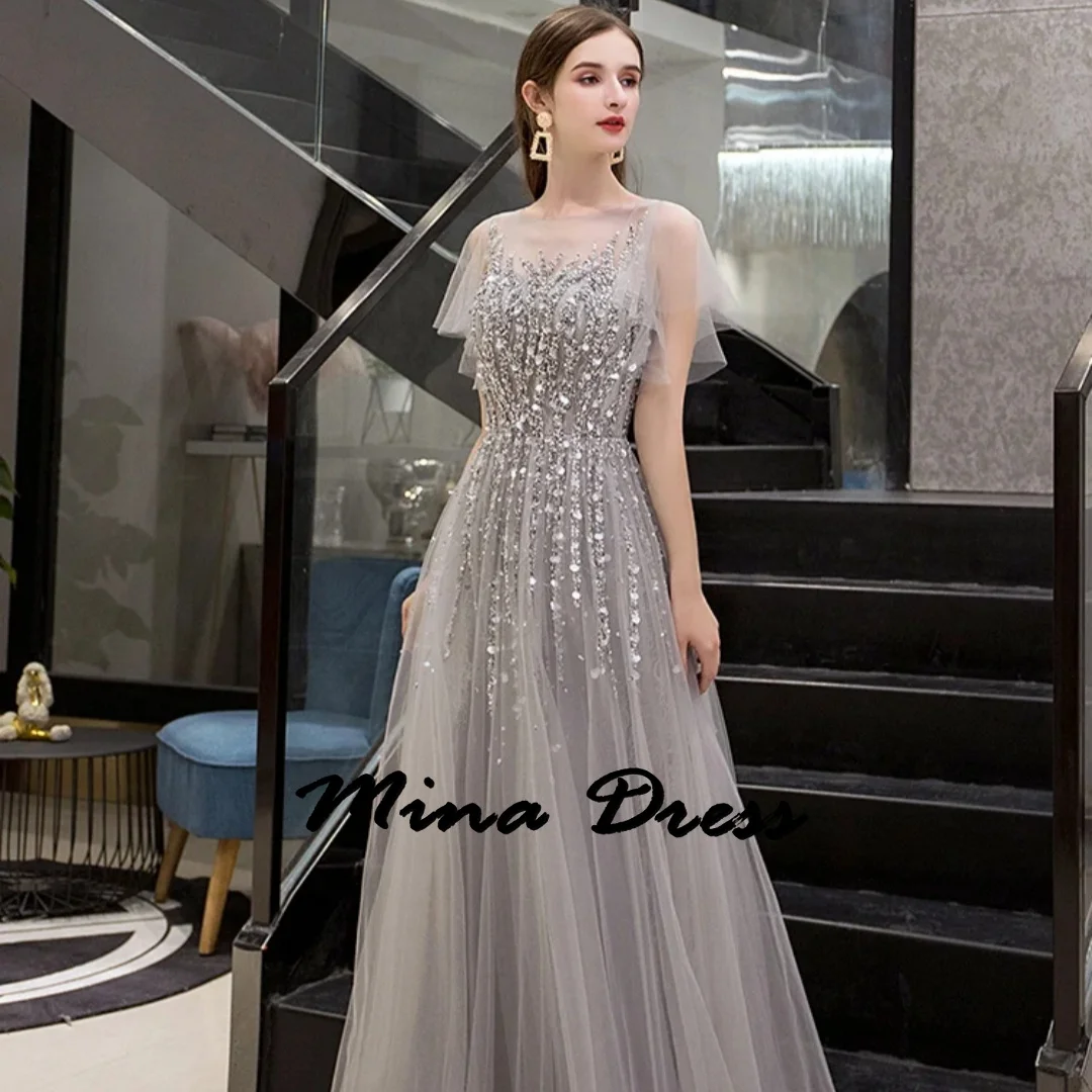 Mina Maßgeschneiderte, kurze Ärmel, elegante Partykleider 2024, Hochzeitskleider für formelle Anlässe, Spitzen-Ballkleider, Stickerei