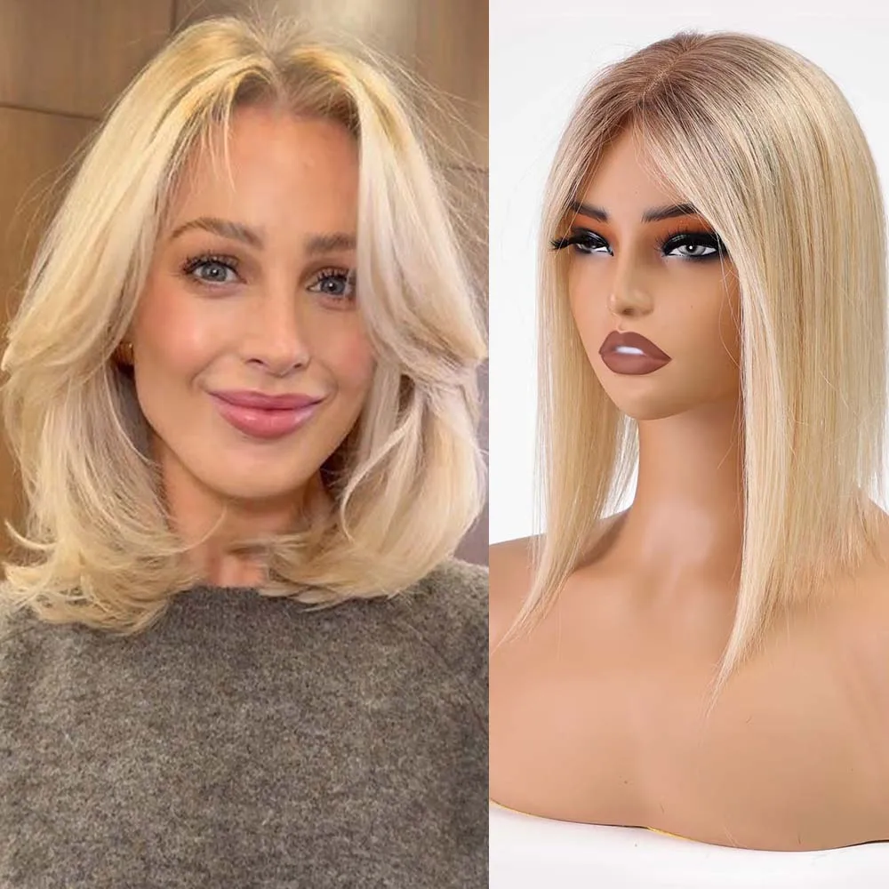 14 polegadas em linha reta 100% remy toppers de cabelo humano loira raiz escura base de renda toppers para mulheres clipes em extensões de cabelo postiços