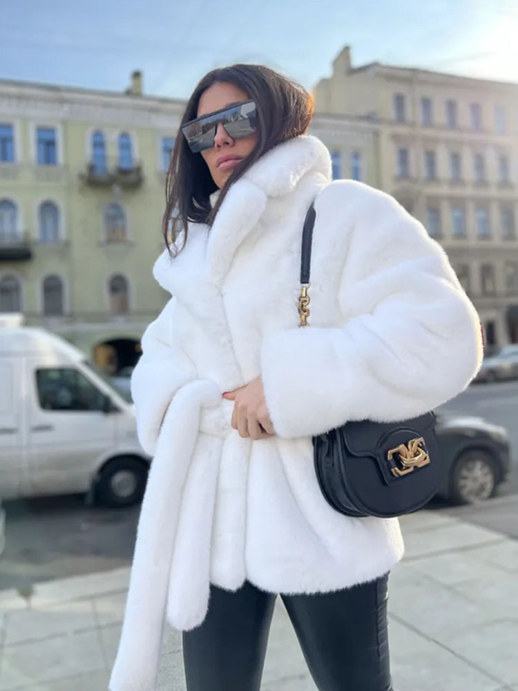 Zadorin Winter mäntel für Frauen 2024 Luxus Revers Gürtel weiß Kunst pelz Mantel Frauen Mode lose Pelz jacke schicke flauschige Pelz mäntel