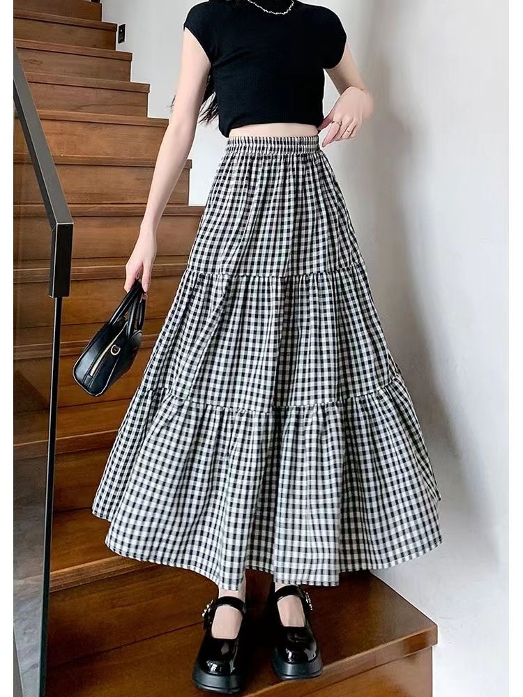 Patchwork Tiered Skirt Women 2025 Summer Vintage Checkered High Waisted Elastic Waist Slimming Midi Skir