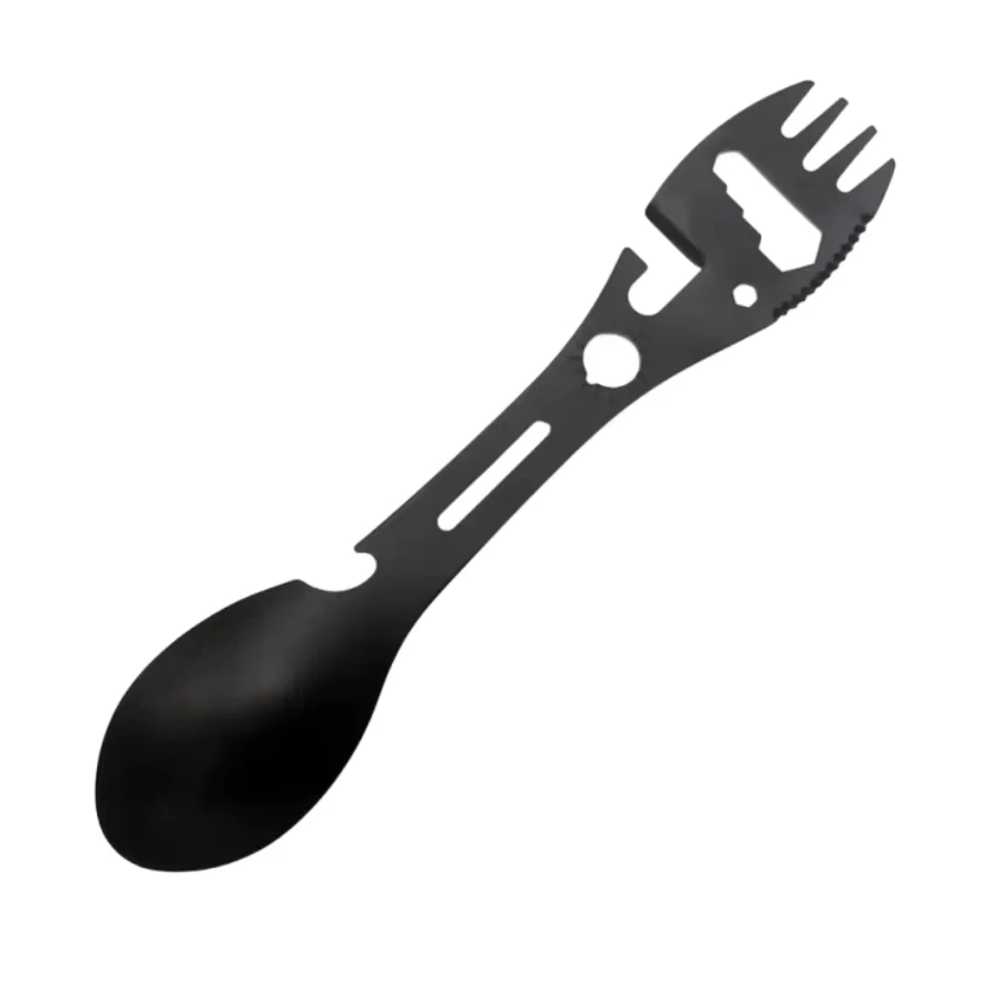 Coltello da campeggio multifunzionale con fischietto, forchetta da sopravvivenza all'aperto, cucchiaio da cucina, chiave multifunzionale apribottiglie