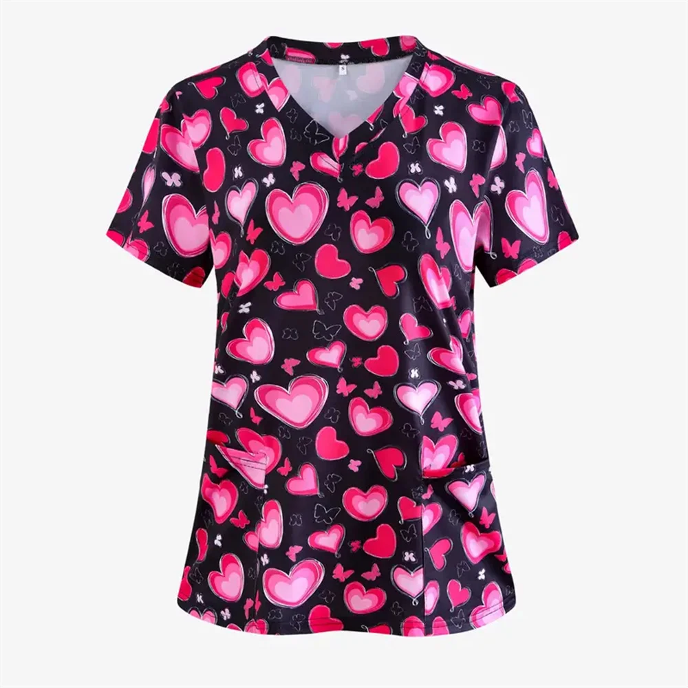 Impressão esfrega topo feminino com bolsos com decote em v esfrega uniformes pet grooming enfermeira spa cuidados camisa uniformes de enfermería para mujer
