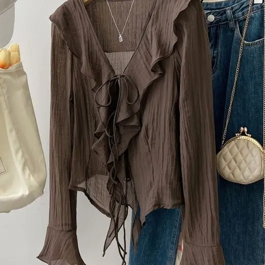 女性用ブラウスシュミーズファム女性のフリルフレアシャツ Blusas Femininas Elegantes トップスヴィンテージ春シャツ薄いコート