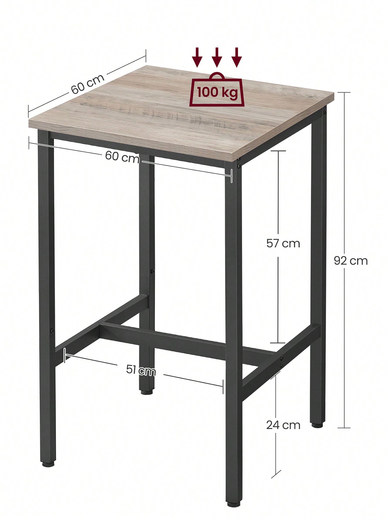 VASAGLE Square Breakfast Bar Table, Heavy-Duty Steel Frame, 60 x 60 x 92 cm, Easy Assembly, Kitchen Living Room,Industrial Style