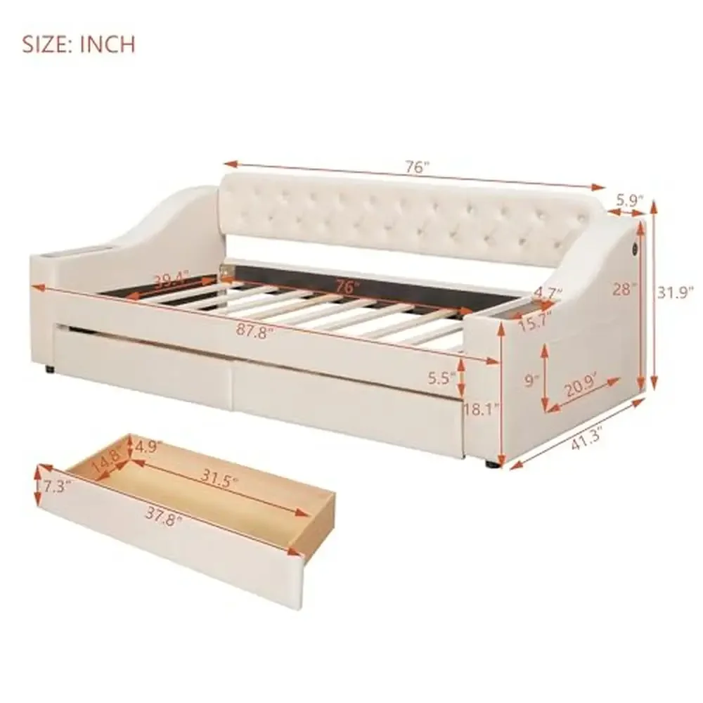 Twin Size Upholstered Daybed with USB Port Storage Drawers and Elegant Design