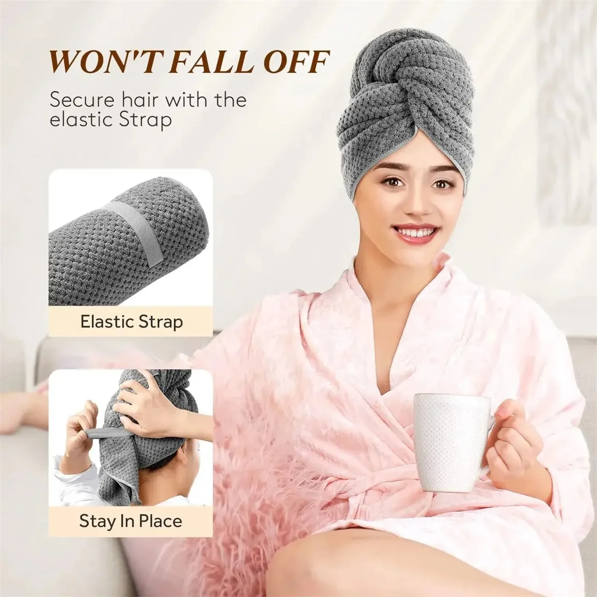 Toalha de cabeça com faixa elástica super absorvente, 60x100cm, para secagem de cabelo feminino, toalha de cabelo extra grande de microfibra com faixa de cabeça