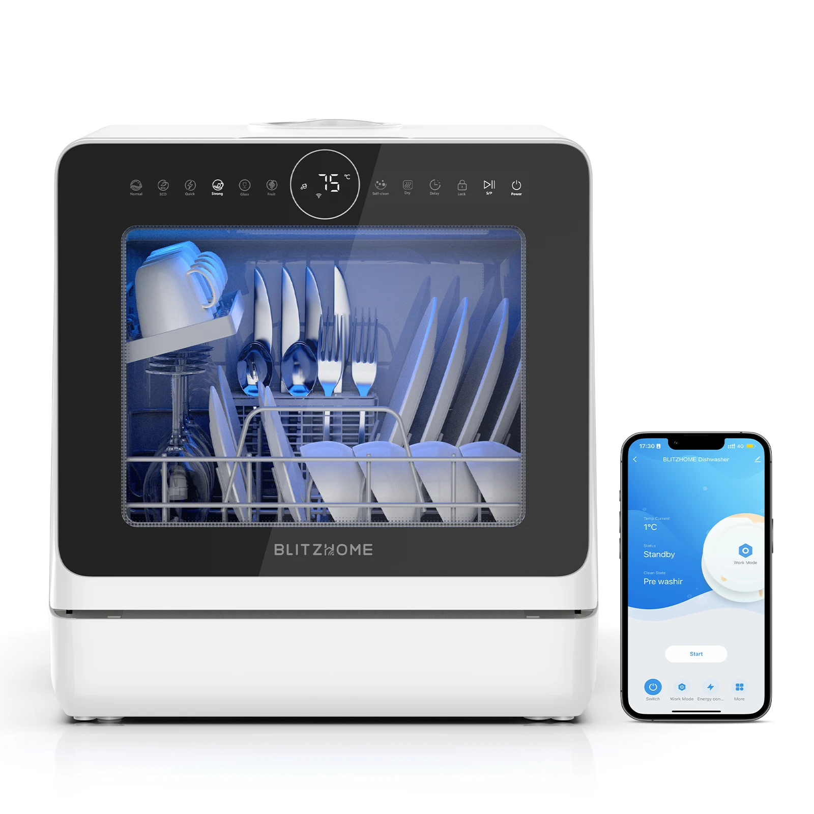 BLITZHOME BH-4-CDW Kompaktowa inteligentna zmywarka nablatowa Sterowanie APP 8 programów 3D 360 °   Podwójny spray z wbudowanym zbiornikiem na wodę o pojemności 5 litrów