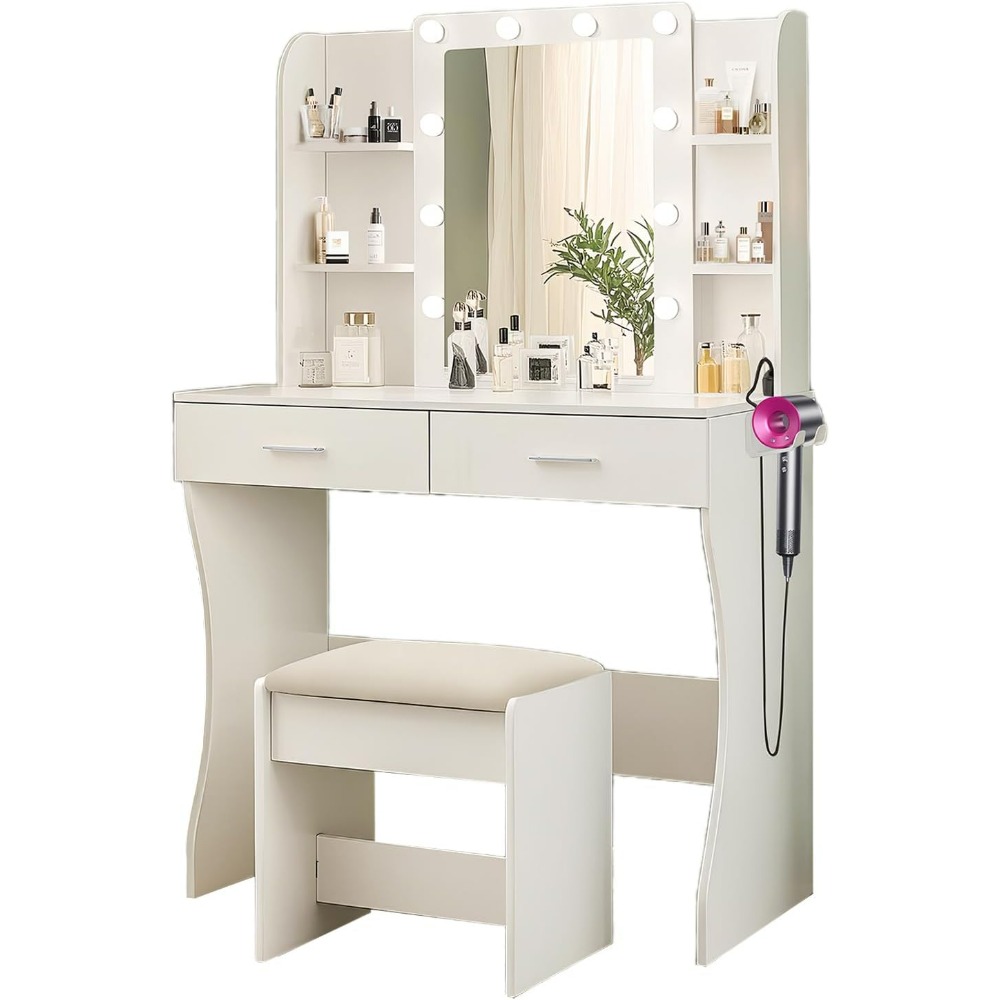 Vanity Desk with Mirror and Lights, Power Outlet & Hair Dryer Rack, 2 Drawers and 6 Storage Shelves, Cushioned Stool, Vanities