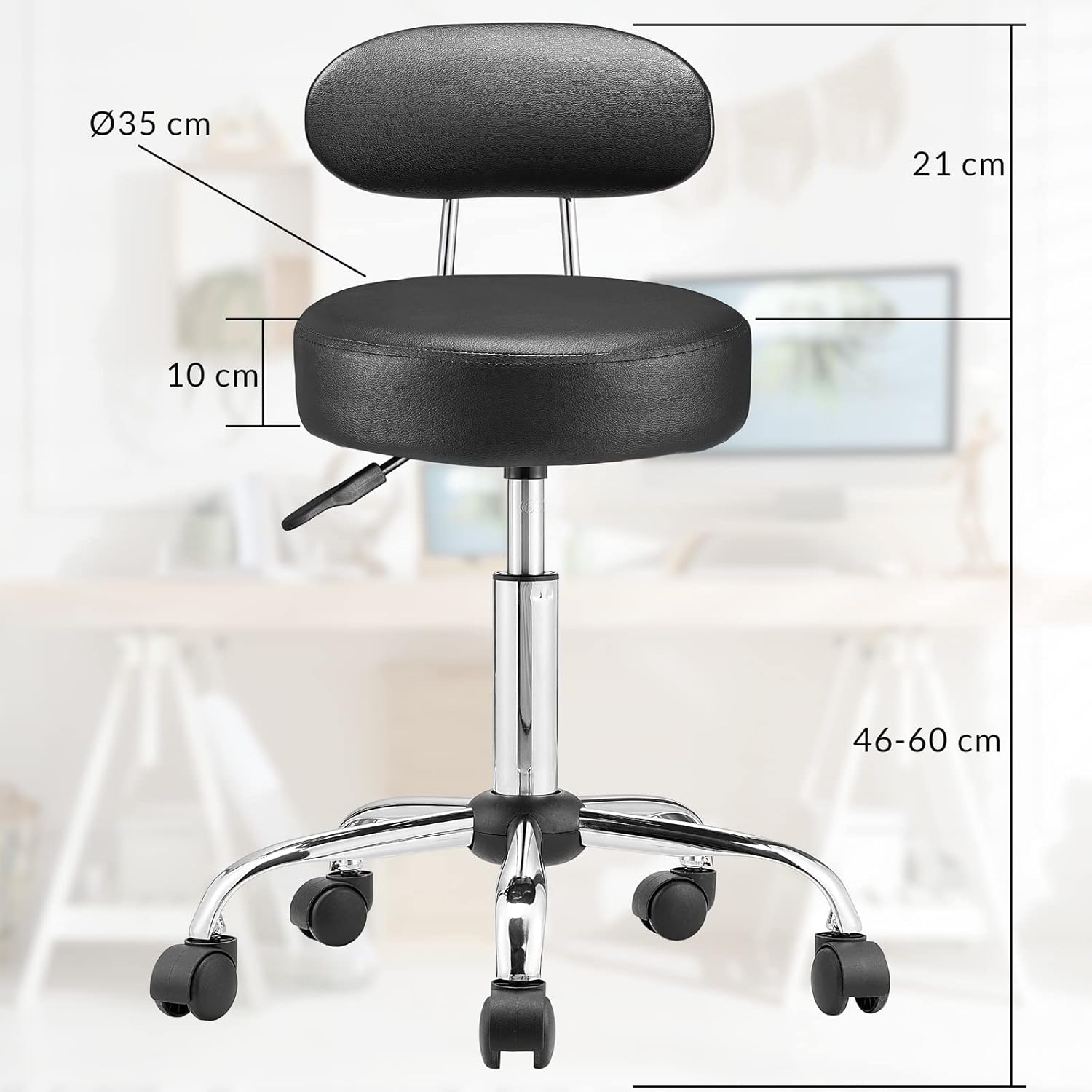 Taburete con Ruedas Respaldo Altura Ajustable 46-60cm 360o Asiento 10 cm Negro