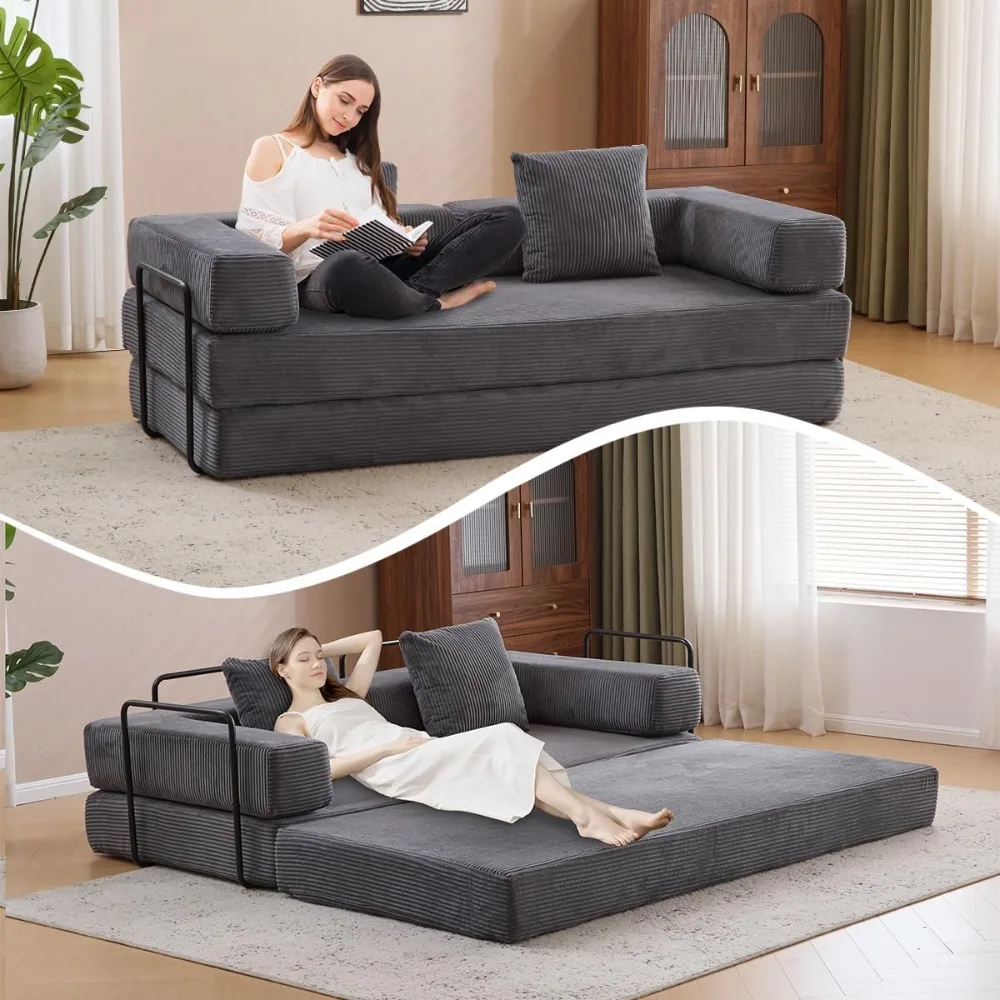 4-in-1 Convertible Folding Sleeper Sofa Bed, Fold Out Floor Sofa Couch with Fixed-Shape Frame, Cloud Corduroy Foldable Mattress