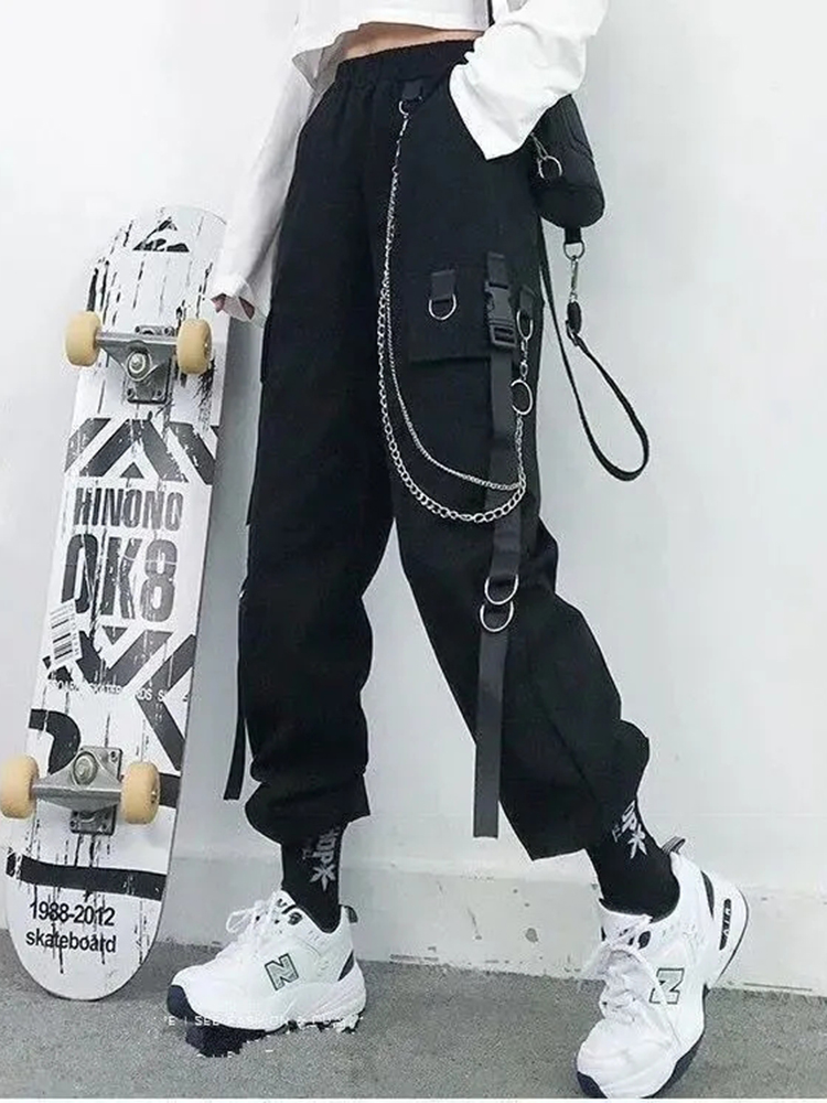 ZOKI Gothic Frauen Cargo Hosen Schwarz Jogger Hohe Taille Harajuku Harem Hosen Punk Goth Techwear Kette Hosen Weibliche Hip Hop