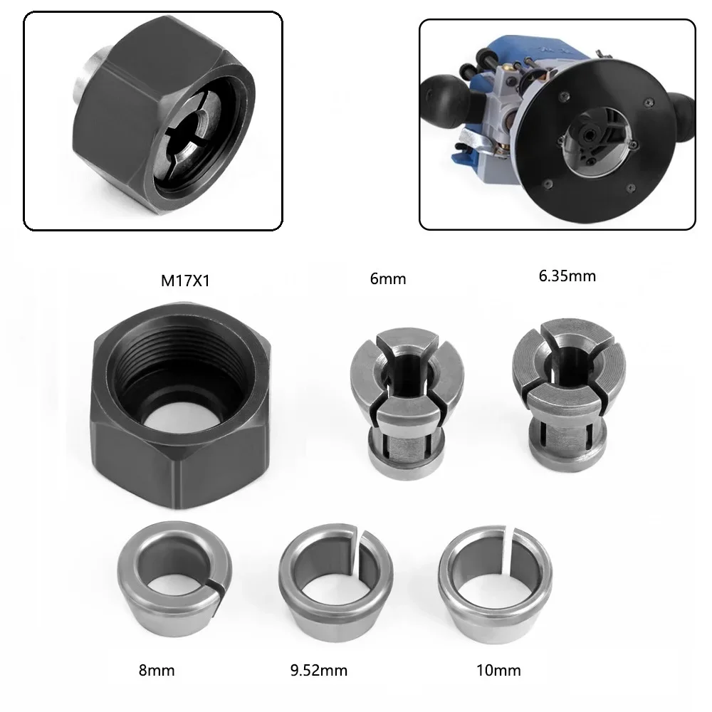 너트가있는 M17 콜렛 척 어댑터 6 6.35 8 9.5 10mm 나무 조각-트리밍 기계 전기 라우터 밀링 커터 도구