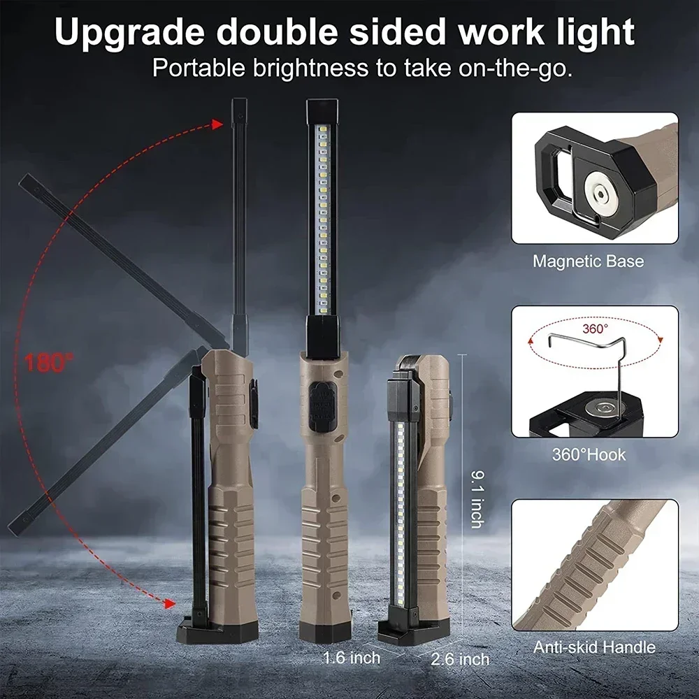 Folding COB XPE LED Work Light Flashlight USB Rechargeable Torch Magnetic Base & Hook, Emergency Car Inspection Lamp Red SOS