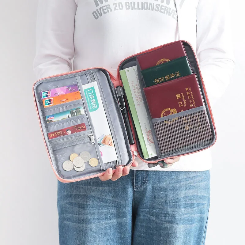 ผู้หญิง Multi-Function กันน้ําผู้ถือหนังสือเดินทางท่องเที่ยวกรณีสีชมพูกระเป๋าเอกสารครอบครัว Organizer อุปกรณ์เสริมกระเป๋า