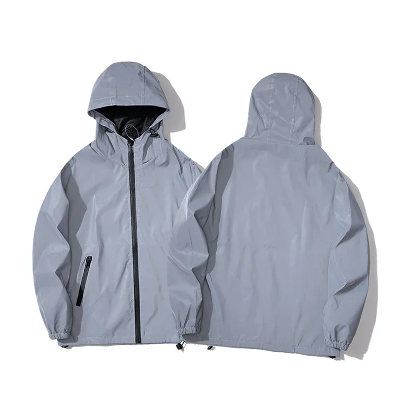 Novo tamanho noite jaquetas reflexivas tecido duplo blusão com capuz jaqueta masculina hip hop dançarino à prova dwaterproof água casacos com zíper outwear