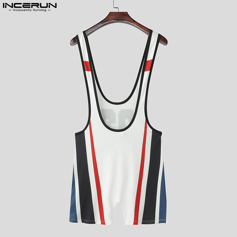 INCERUN hommes body Patchwork lettre impression sans manches mâle barboteuses Sexy entraînement 2025 été élastique mode combishorts hommes