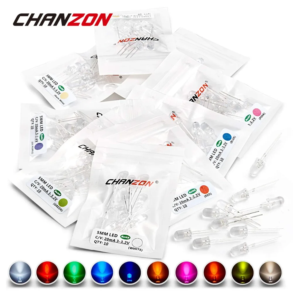 100 Viên 5Mm LED Diode Siêu Sáng Trắng Ấm Đỏ Xanh Lá Xanh Dương UV Tím Vàng Cam Hồng 2V 3V 20mA F5 Phát Ra Assortment Set