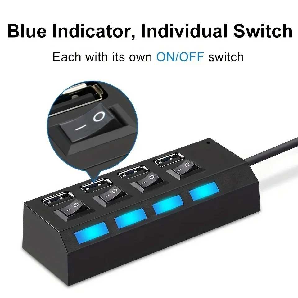 7 Port with LED Light USB 2.0 Adapter Hub with Independent Power on Off for Computers Tablets Laptops Supports Data Transmission
