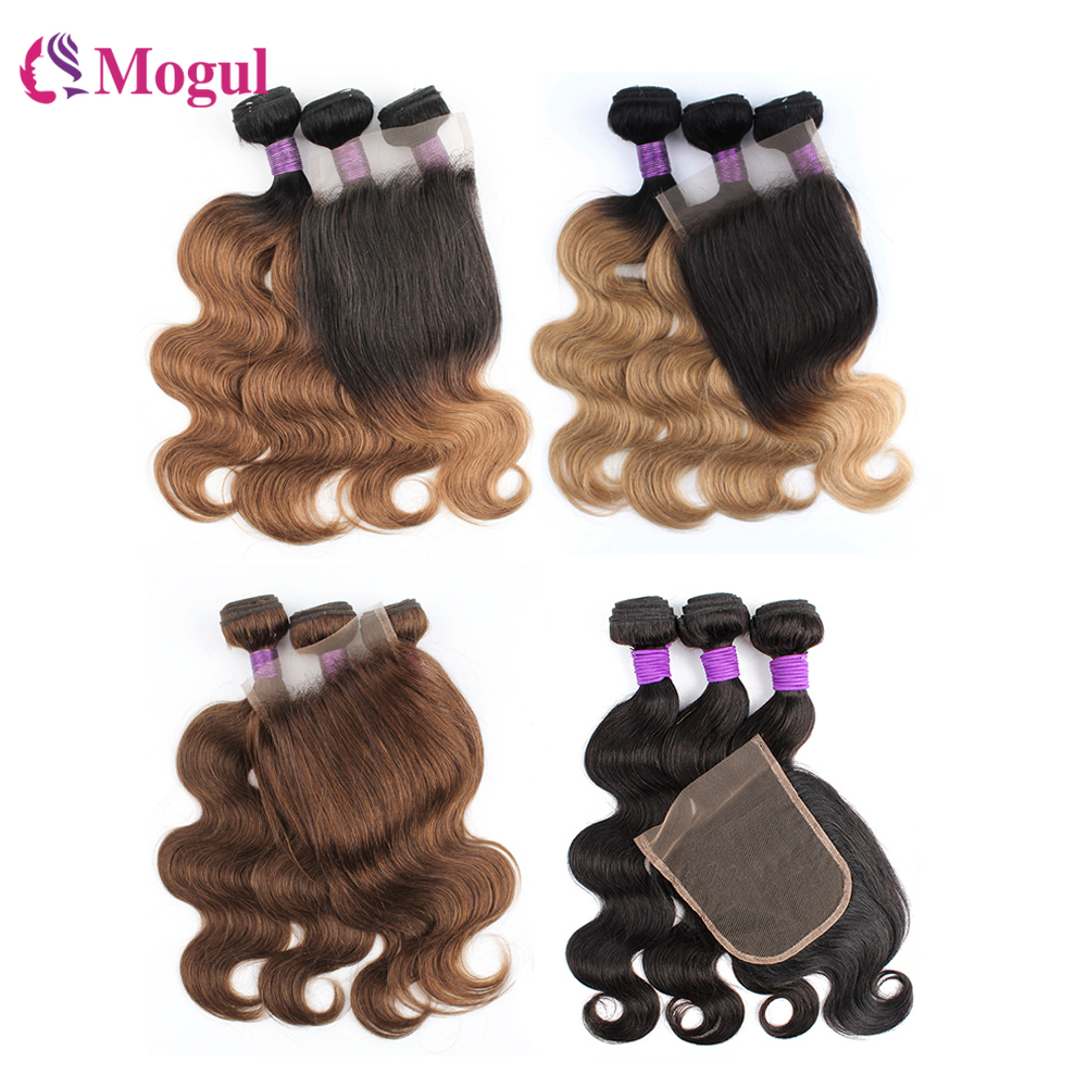 MogulHair-extensiones de cabello humano ondulado, 3 mechones con cierre, encaje transparente, negro, marrón, Rubio, ombré, Remy, 200g por juego