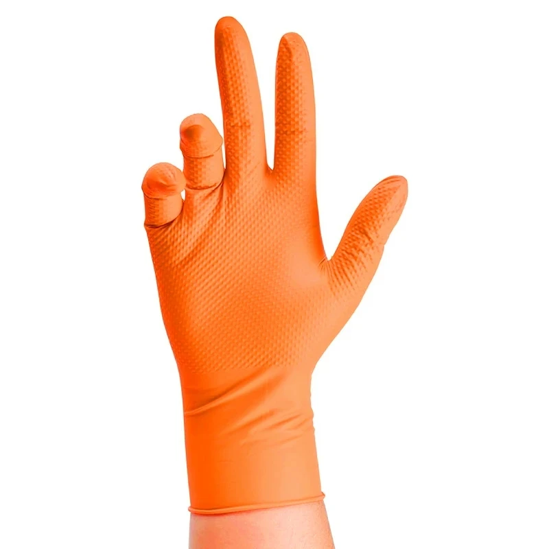 Multi-purpose Orange Nitrile Gloves Industrial Disposable Non-slip Gloves With Diamond Textured Grip For Mechanic Work Gloves